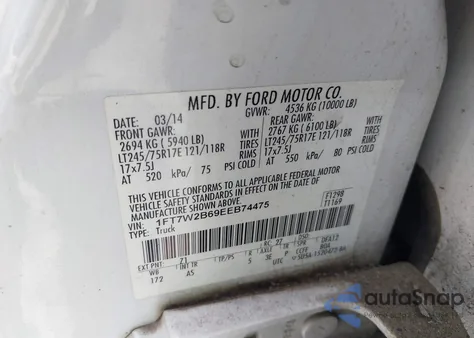 2014 Ford F250 Xl from USA, damaged, VIN 1FT7W2B69EEB74475